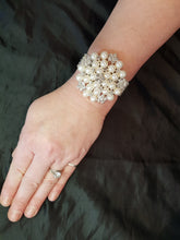 Load image into Gallery viewer, Wrist corsage ,Crystal & Pearl Wedding Cuff, bridesmaid Bracelet, silver. gold or rose gold tone