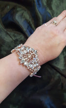 Load image into Gallery viewer, Rose gold crystal Flower wrist corsage, Wedding cuff, BRIDAL WRISTLET