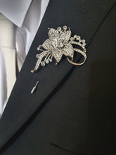 Load image into Gallery viewer, Groom Boutonniere, Crystal flower buttonhole.   brooch rhinestone lapel pin, Wedding Buttonhole Pin. by Crystal wedding uk
