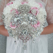 Load image into Gallery viewer, Heart shape brooch bouquet   plus  groom buttonhole artificial ,wedding flowers by Crystal wedding uk

