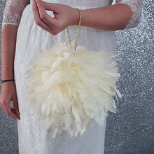 Load image into Gallery viewer, Feather Pomander With Rhinestone chain handle , large 8" size. Feather Kissing Ball. Feather Flower Girl Bouquet. ANY COLOUR