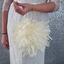 Load image into Gallery viewer, Feather Pomander With Rhinestone chain handle , large 8" size. Feather Kissing Ball. Feather Flower Girl Bouquet. ANY COLOUR