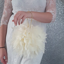 Load image into Gallery viewer, Feather Pomander With Rhinestone chain handle , large 8" size. Feather Kissing Ball. Feather Flower Girl Bouquet. ANY COLOUR