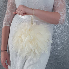 Load image into Gallery viewer, Feather Pomander With Rhinestone chain handle , large 8" size. Feather Kissing Ball. Feather Flower Girl Bouquet. ANY COLOUR