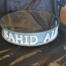 Load image into Gallery viewer, Personalised Cake stand ,carved wooden words wedding.birthday cake base + lights , RHINESTONE EFFECT FINISH