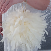 Load image into Gallery viewer, Feather Pomander With Rhinestone chain handle , large 8" size. Feather Kissing Ball. Feather Flower Girl Bouquet. ANY COLOUR