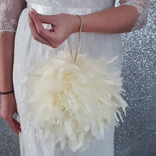 Load image into Gallery viewer, Feather Pomander With Rhinestone chain handle , large 8" size. Feather Kissing Ball. Feather Flower Girl Bouquet. ANY COLOUR