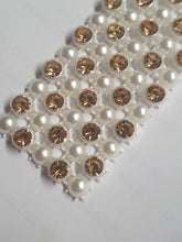 Load image into Gallery viewer, Gold Diamante & white pearl ribbon string style banding ,rhinestone wedding cake decoration 1 yard - White and Gold
