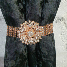 Load image into Gallery viewer, Crystal BroochTie Backs, rose gold and rhinestone Curtains hold backs, magnetic holders
