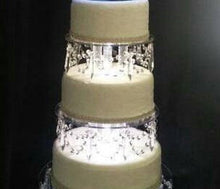 Load image into Gallery viewer, Crystal cake separator crystal drape +LED's, set of 3 dividers in sizes: 15cm+20cm- 6" 8" 10" by 3" TALL by Crystal wedding uk