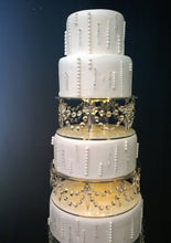 Load image into Gallery viewer, Crystal cake separator crystal drape +LED's, set of 3 dividers in sizes: 15cm+20cm- 6" 8" 10" by 3" TALL by Crystal wedding uk