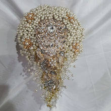 Load image into Gallery viewer, Pearl cascade teardrop brooch bouquet Jeweled art deco gatsby vintage style. by Crystal wedding uk