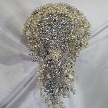 Load image into Gallery viewer, Pearl cascade teardrop brooch bouquet Jeweled art deco gatsby vintage style. by Crystal wedding uk