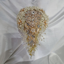 Load image into Gallery viewer, Pearl cascade teardrop brooch bouquet Jeweled art deco gatsby vintage style. by Crystal wedding uk