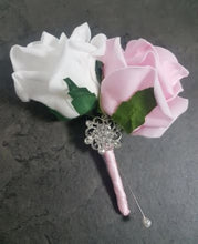Load image into Gallery viewer, Groom Boutonniere, buttonhole. Ladies dress corsage,  Silver brooch and rose buttonhole, Wedding Buttonhole Pin.
