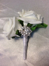 Load image into Gallery viewer, Groom Boutonniere, buttonhole. Ladies dress corsage,  Silver brooch and rose buttonhole, Wedding Buttonhole Pin.
