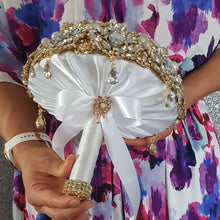 Load image into Gallery viewer, Gold Crystal cascade brooch RTS 8" bouquet, jewel bouquet, alternative Great Gatsby style wedding flowers. by Crystal wedding uk