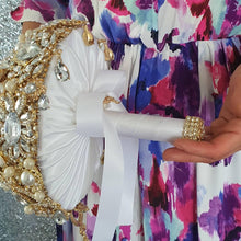 Load image into Gallery viewer, Gold Crystal cascade brooch RTS 8" bouquet, jewel bouquet, alternative Great Gatsby style wedding flowers. by Crystal wedding uk