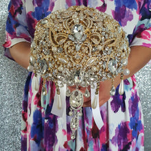 Load image into Gallery viewer, Gold Crystal cascade brooch RTS 8" bouquet, jewel bouquet, alternative Great Gatsby style wedding flowers. by Crystal wedding uk