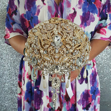 Load image into Gallery viewer, Gold Crystal cascade brooch RTS 8" bouquet, jewel bouquet, alternative Great Gatsby style wedding flowers. by Crystal wedding uk
