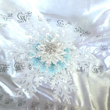 Load image into Gallery viewer, Snowflake bouquet with frozen blue accent for a Winter wedding bridesmaid by Crystal wedding uk
