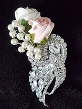 Load image into Gallery viewer, Crystal brooch wrist corsage with Pearls & Foam roses by Crystal wedding uk