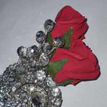 Load image into Gallery viewer, Crystal brooch  buttonhole  with siilver crystals &amp; Red  Foam roses by Crystal wedding uk
