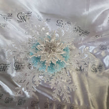 Load image into Gallery viewer, Snowflake bouquet with frozen blue accent for a Winter wedding bridesmaid by Crystal wedding uk