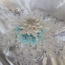 Load image into Gallery viewer, Snowflake bouquet with frozen blue accent for a Winter wedding bridesmaid by Crystal wedding uk