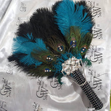 Load image into Gallery viewer, Wedding feather fan, brides ostrich + peacock fan teal black wedding hand fan Great Gatsby made by Crystal wedding uk