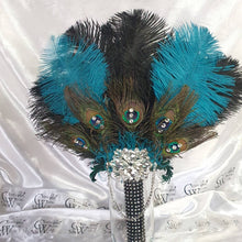 Load image into Gallery viewer, Wedding feather fan, brides ostrich + peacock fan teal black wedding hand fan Great Gatsby made by Crystal wedding uk