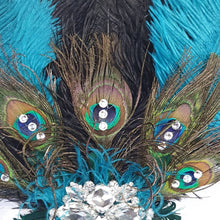 Load image into Gallery viewer, Wedding feather fan, brides ostrich + peacock fan teal black wedding hand fan Great Gatsby made by Crystal wedding uk