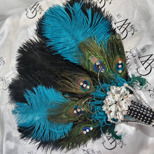 Load image into Gallery viewer, Wedding feather fan, brides ostrich + peacock fan teal black wedding hand fan Great Gatsby made by Crystal wedding uk