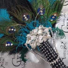 Load image into Gallery viewer, Wedding feather fan, brides ostrich + peacock fan teal black wedding hand fan Great Gatsby made by Crystal wedding uk