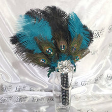 Load image into Gallery viewer, Wedding feather fan, brides ostrich + peacock fan teal black wedding hand fan Great Gatsby made by Crystal wedding uk