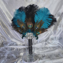 Load image into Gallery viewer, Wedding feather fan, brides ostrich + peacock fan teal black wedding hand fan Great Gatsby made by Crystal wedding uk