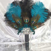 Load image into Gallery viewer, Wedding feather fan, brides ostrich + peacock fan teal black wedding hand fan Great Gatsby made by Crystal wedding uk