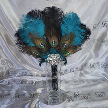 Load image into Gallery viewer, Wedding feather fan, brides ostrich + peacock fan teal black wedding hand fan Great Gatsby made by Crystal wedding uk