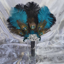 Load image into Gallery viewer, Wedding feather fan, brides ostrich  + peacock fan teal black wedding hand fan Great Gatsby  made by Crystal wedding uk
