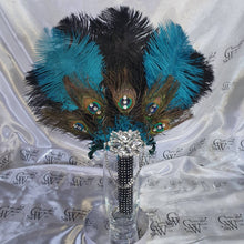 Load image into Gallery viewer, Wedding feather fan, brides ostrich + peacock fan teal black wedding hand fan Great Gatsby made by Crystal wedding uk