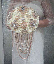 Load image into Gallery viewer, Rose gold Brooch and Pearl drape  bouquet by Crystal wedding uk
