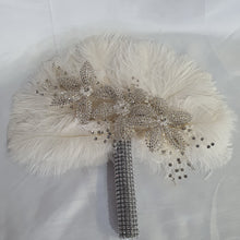 Load image into Gallery viewer, Feather fan bouquet, crystal flowers, BRIDES HAND FAN - any colour as custom made by Crystal wedding uk
