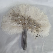 Load image into Gallery viewer, Feather fan bouquet, crystal flowers, BRIDES HAND FAN - any colour as custom made by Crystal wedding uk