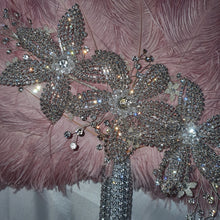 Load image into Gallery viewer, Feather fan bouquet, crystal flowers, BRIDES HAND FAN - any colour as custom made by Crystal wedding uk