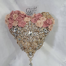 Load image into Gallery viewer, BROOCH BOUQUET Heart shaped brooch bouquet ribbon rose,  jewel heart wedding bouquet. by Crystal wedding uk