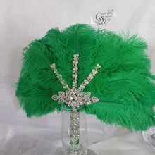 Load image into Gallery viewer, Wedding feather fan,  Green feather brides ostrich fan, wedding hand fan, Great Gatsby  any colour as custom made by Crystal wedding uk
