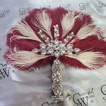 Load image into Gallery viewer, 16&quot; Feather Bridal brooch Bouquet Ostrich Big  Feather Fan Bridal Bouquet Ivory Great Gatsby 1920&#39;s wedding  Crystal wedding uk
