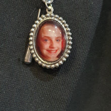 Load image into Gallery viewer, Photo Wedding Charm Boutonniere, Personalised buttonhole, dress corsage, Silver brooch photo, Wedding Buttonhole Pin. by Crystal wedding uk