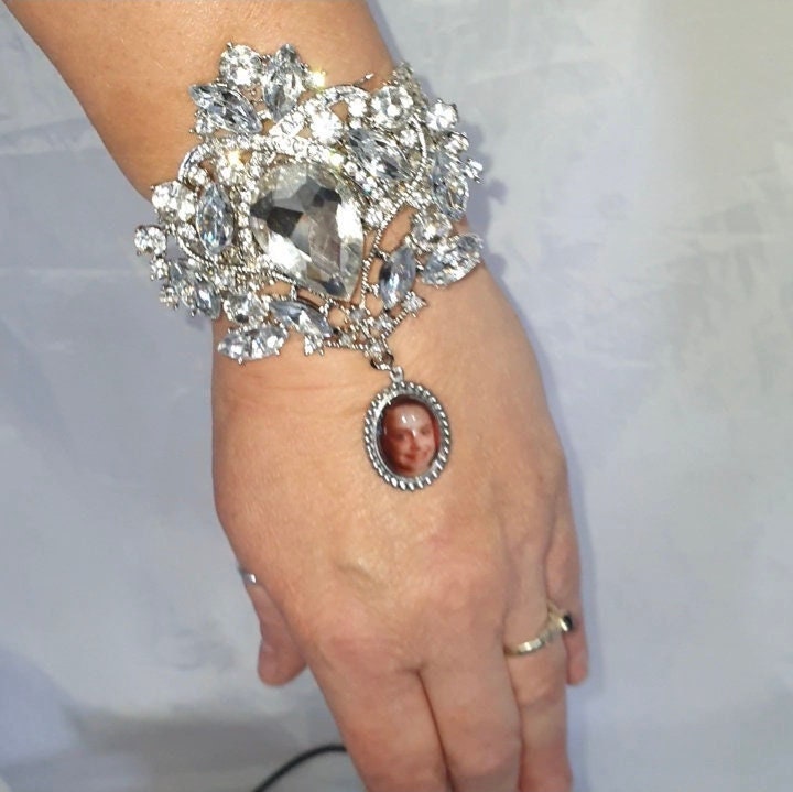 Photo Wedding  charm corsage, Personalised corsage, wrist corsage, Silver brooch photo, Wedding bracelet by Crystal wedding uk
