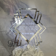 Load image into Gallery viewer, LED Wedding Cake topper - Gatsby 1920's design, Engraved Acrylic light-up by Crystal wedding uk